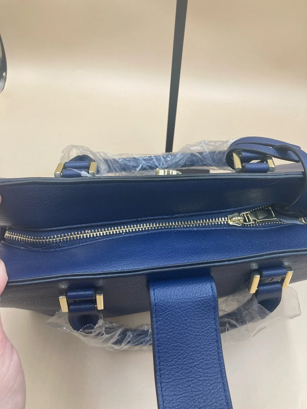 Structured Vegan Navy Satchel with Tassel Accent